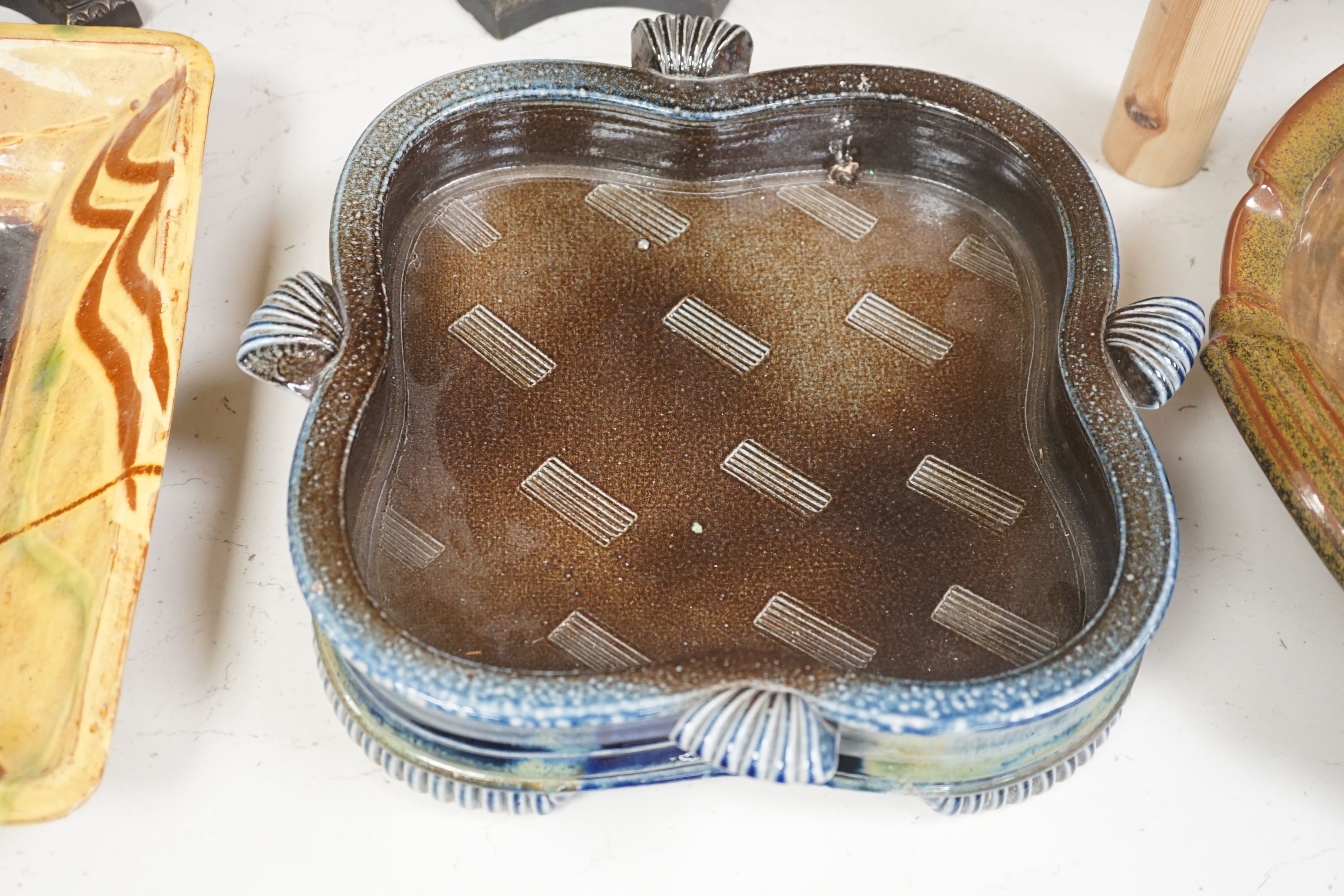 A Jane Hamlyn studio pottery dish, together with a David E. Eles owl dish and one other (3), David E Eles dish 42.5 cms diameter.